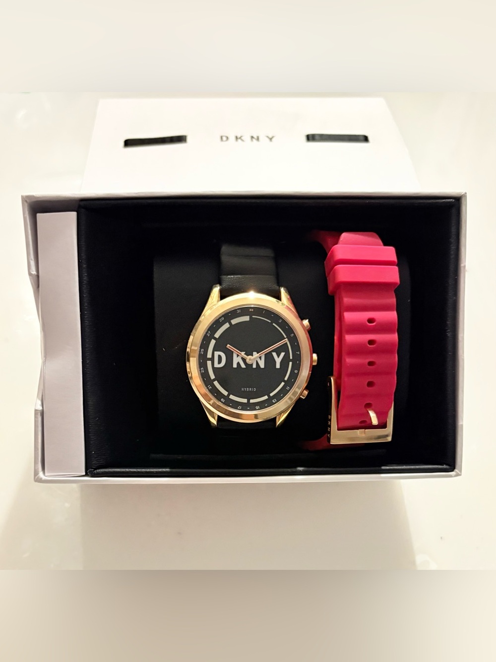 DKNY Women’s Watch with Black Dial, Rose Gold Case and Pink Strap